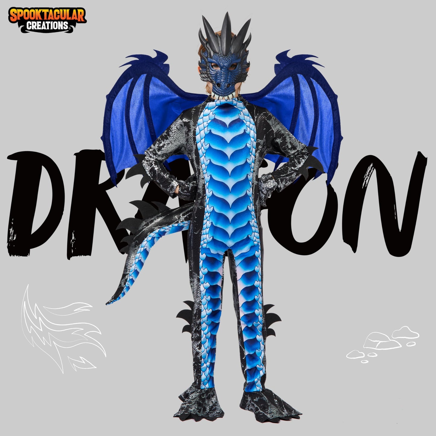 Spooktacular Creations Dragon Costume for Boys 5-7 – Black & Blue with Wings & Mask