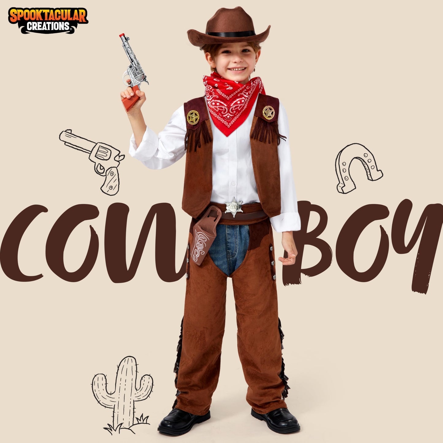 Spooktacular Creations Halloween Cowboy Costume for Boys – Deluxe Brown Western Outfit (3T-4Y)