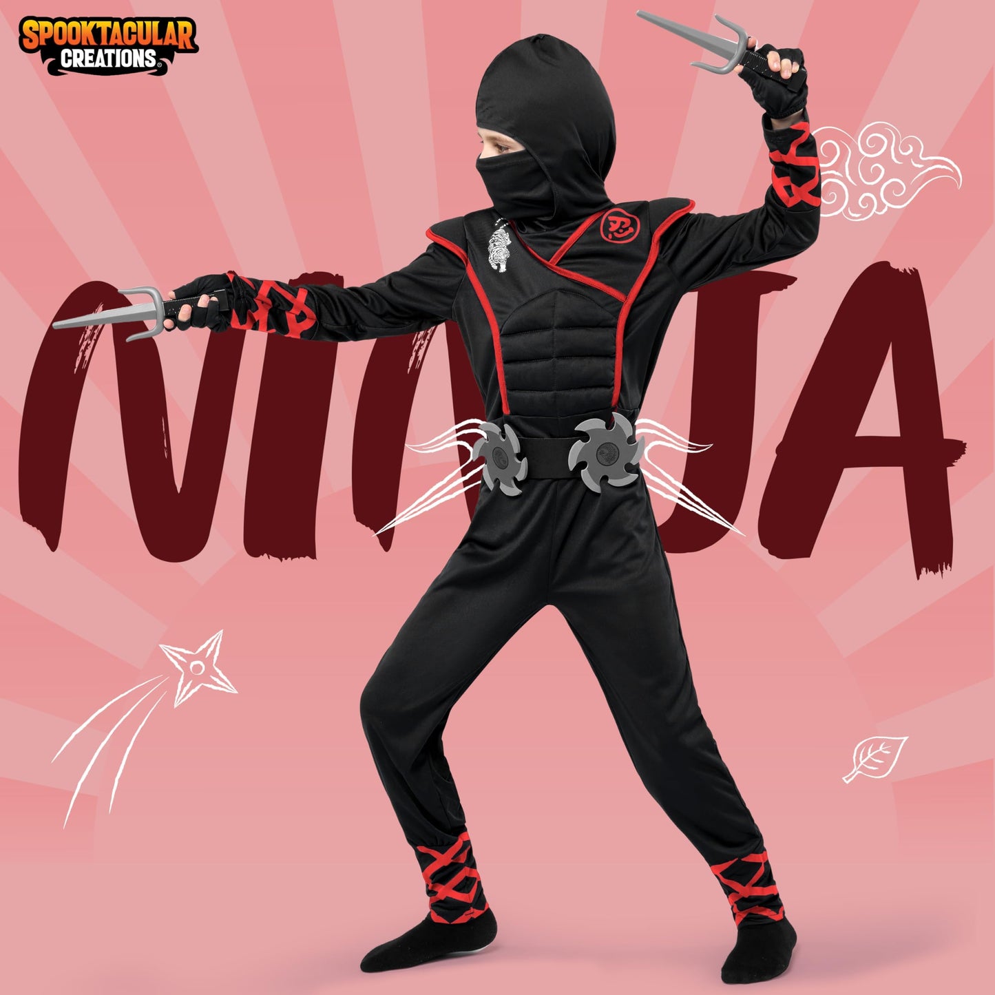 Spooktacular Creations Halloween Ninja Costume — Kids Black Ninja Outfit Set (Large, 10-12 yrs)