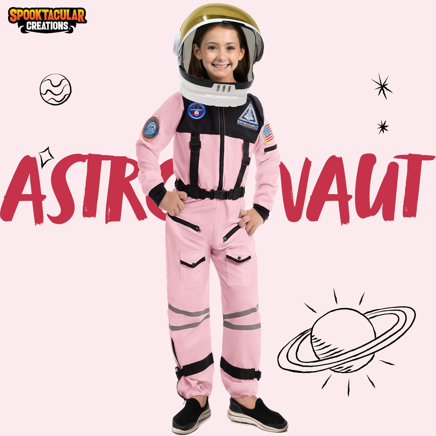 Spooktacular Creations Pink Astronaut Costume with Helmet – Space Suit for Girls (Large 10-12 yrs)