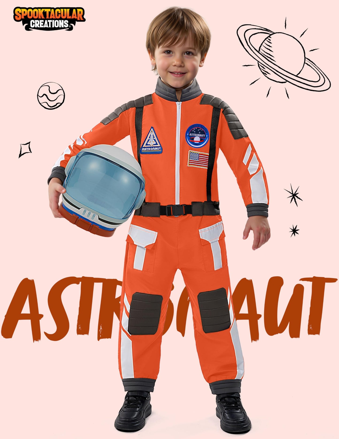 Spooktacular Creations Astronaut Costume with Helmet – Orange Jumpsuit for Toddler to Kids, Halloween Dress-Up