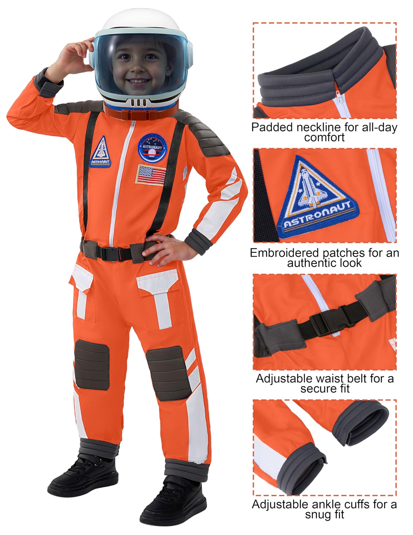 Spooktacular Creations Astronaut Costume with Helmet – Orange Jumpsuit for Toddler to Kids, Halloween Dress-Up