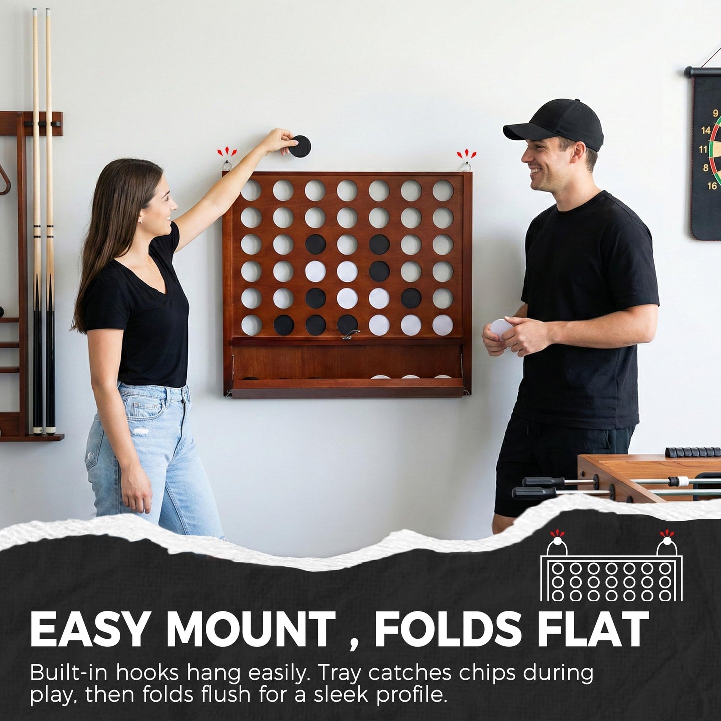 SPORT BEATS Giant Wooden 4-in-a-Row Game with Folding Tray – Wall-Mount or Ground Play