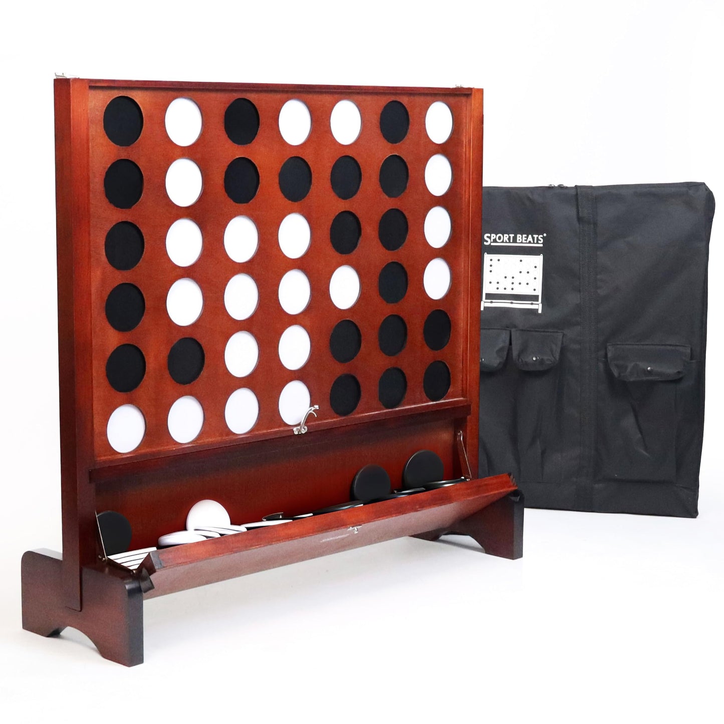 SPORT BEATS Giant Wooden 4-in-a-Row Game with Folding Tray – Wall-Mount or Ground Play