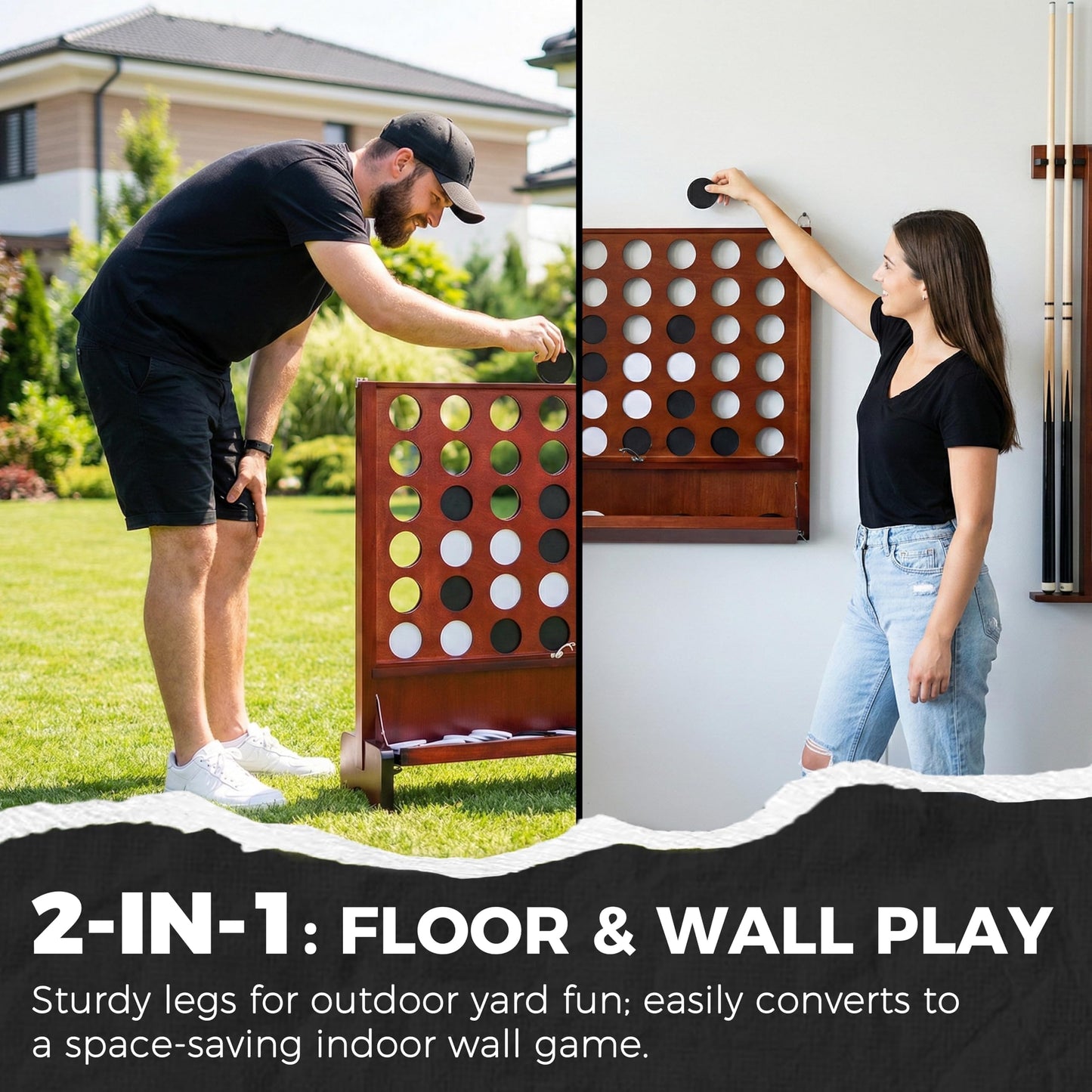 SPORT BEATS Giant Wooden 4-in-a-Row Game with Folding Tray – Wall-Mount or Ground Play