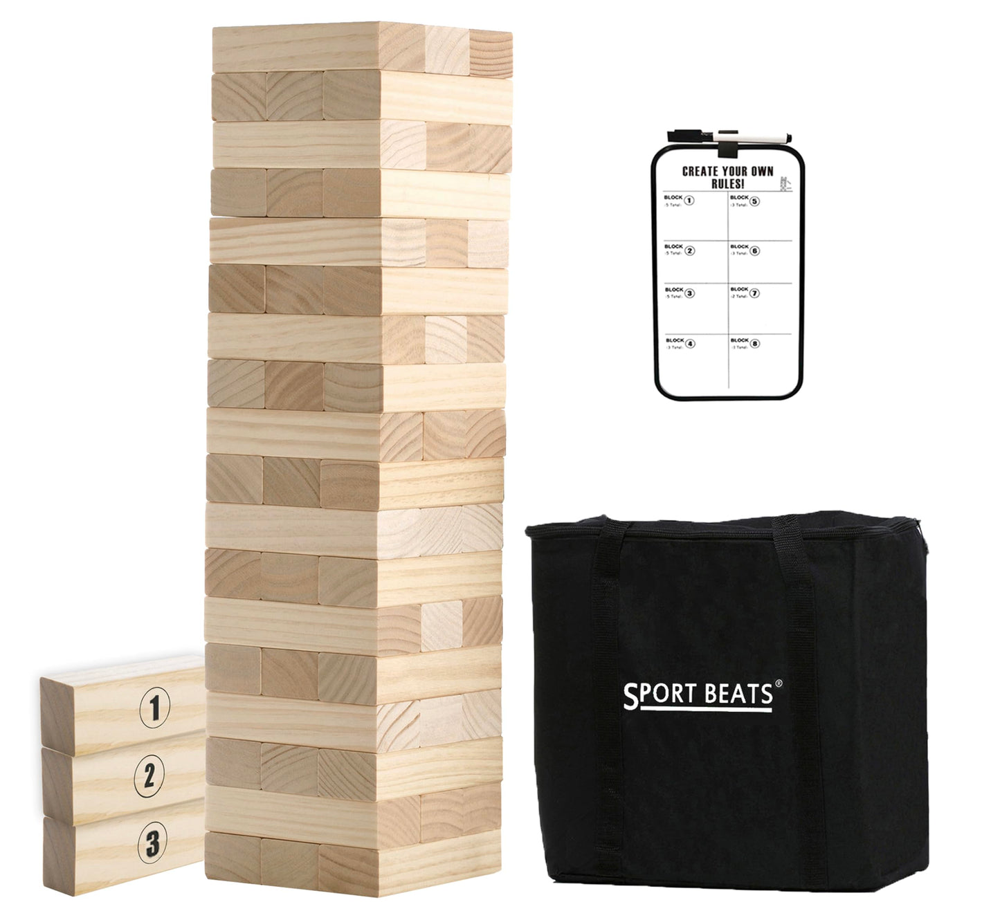 SPORT BEATS Outdoor Tower Stacking Game - 54 Wooden Blocks, Carry Bag & Scoreboard