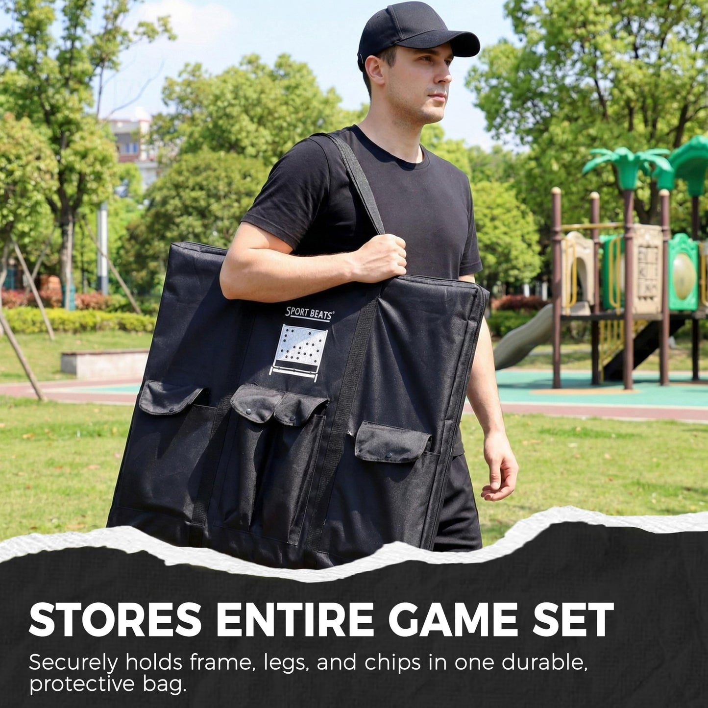 SPORT BEATS Giant Wooden 4-in-a-Row Game with Folding Tray – Wall-Mount or Ground Play