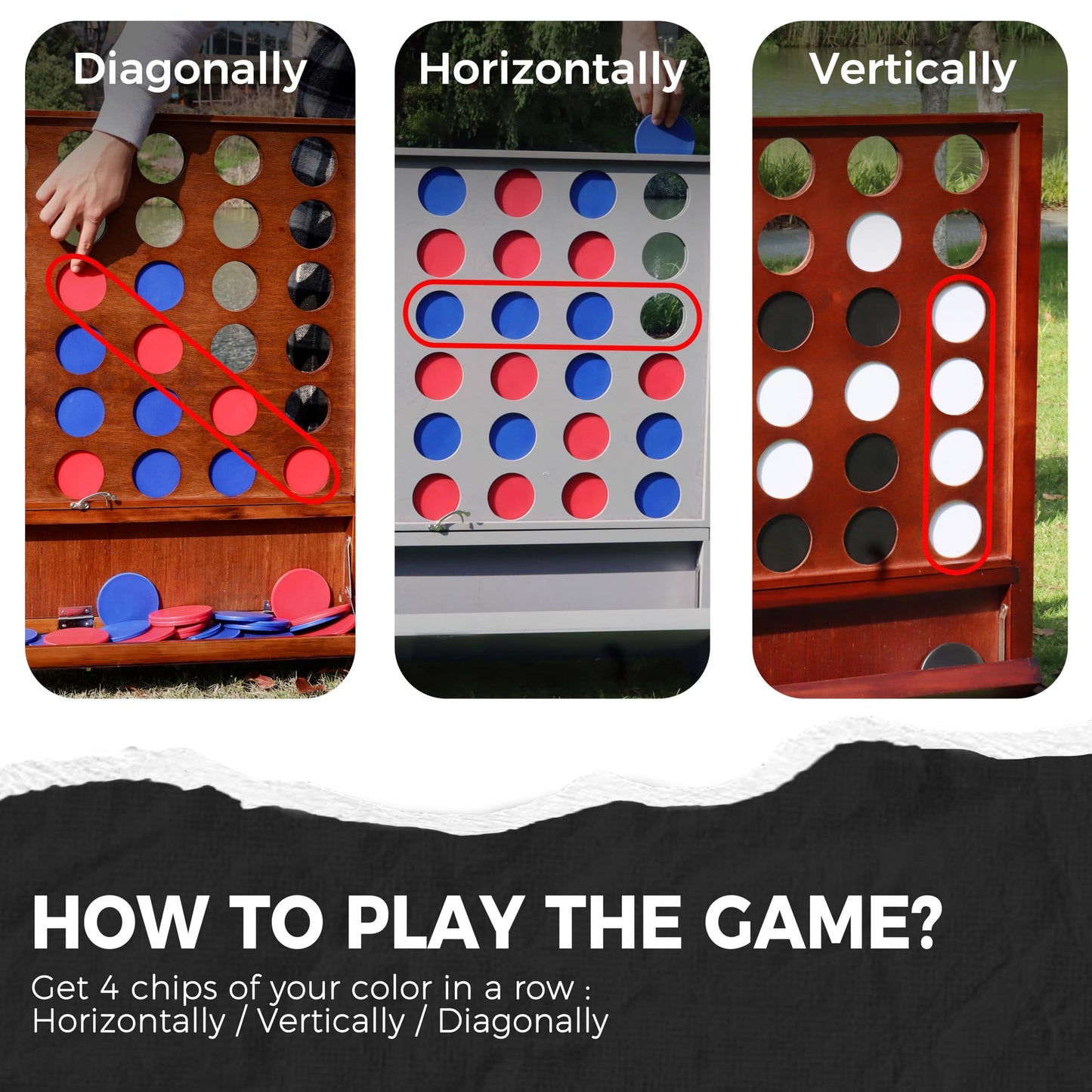 SPORT BEATS Giant Wooden 4-in-a-Row Game with Folding Tray – Wall-Mount or Ground Play