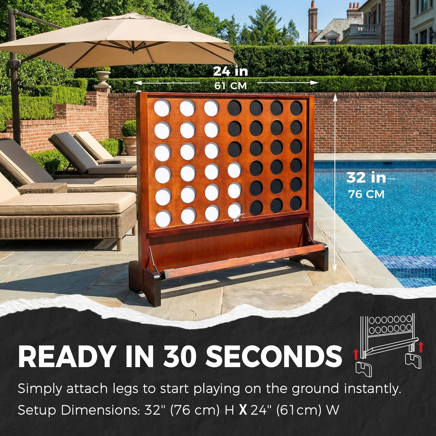 SPORT BEATS Giant Wooden 4-in-a-Row Game with Folding Tray – Wall-Mount or Ground Play
