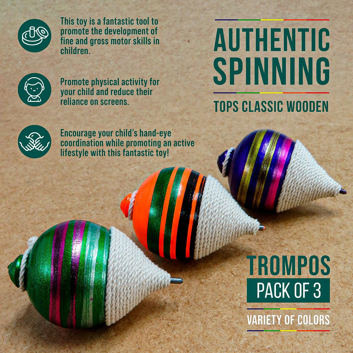 Sportida Traditional Wooden Spinning Tops – 3-Tops Set with Metal Tip & Storage Bag