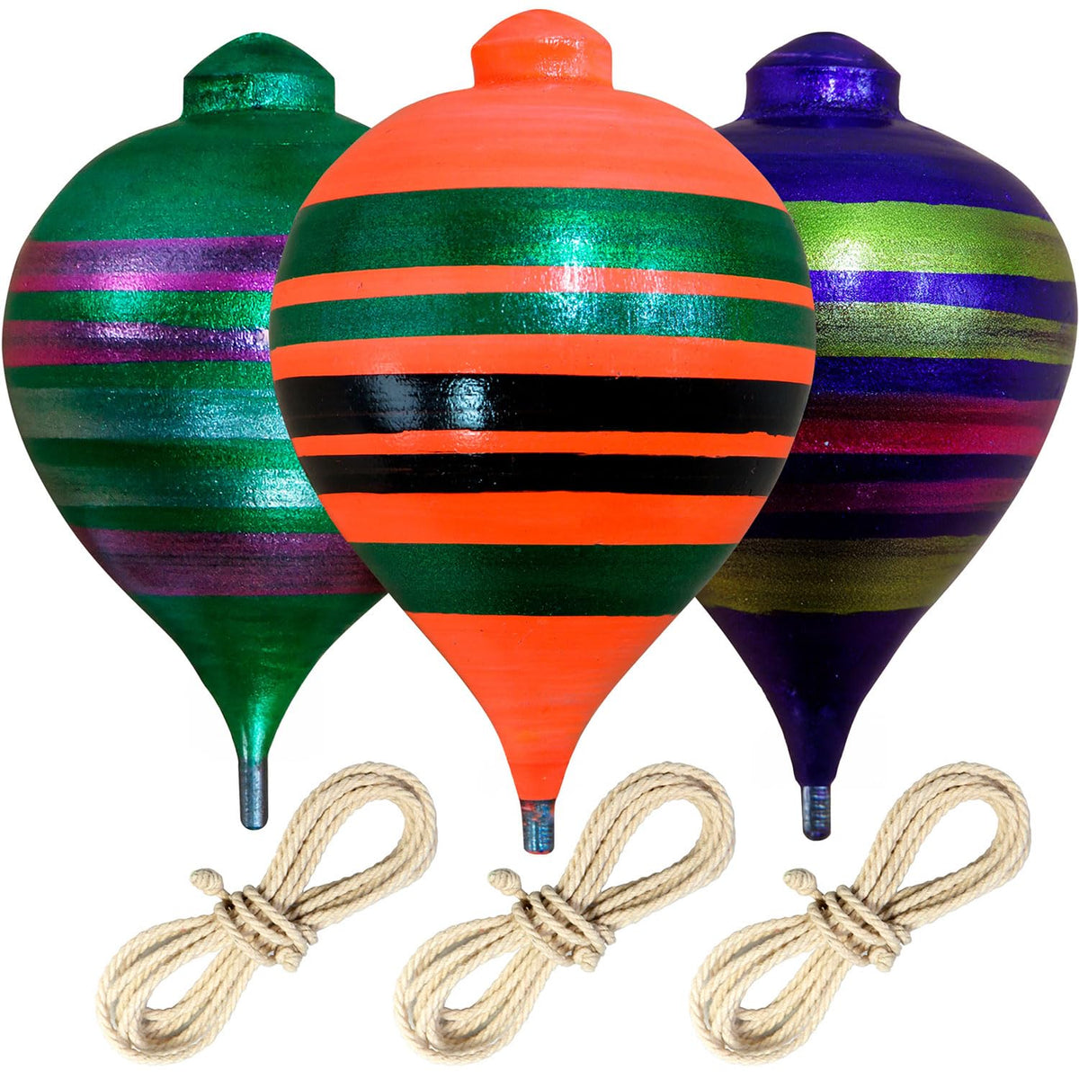 Sportida Traditional Wooden Spinning Tops – 3-Tops Set with Metal Tip & Storage Bag