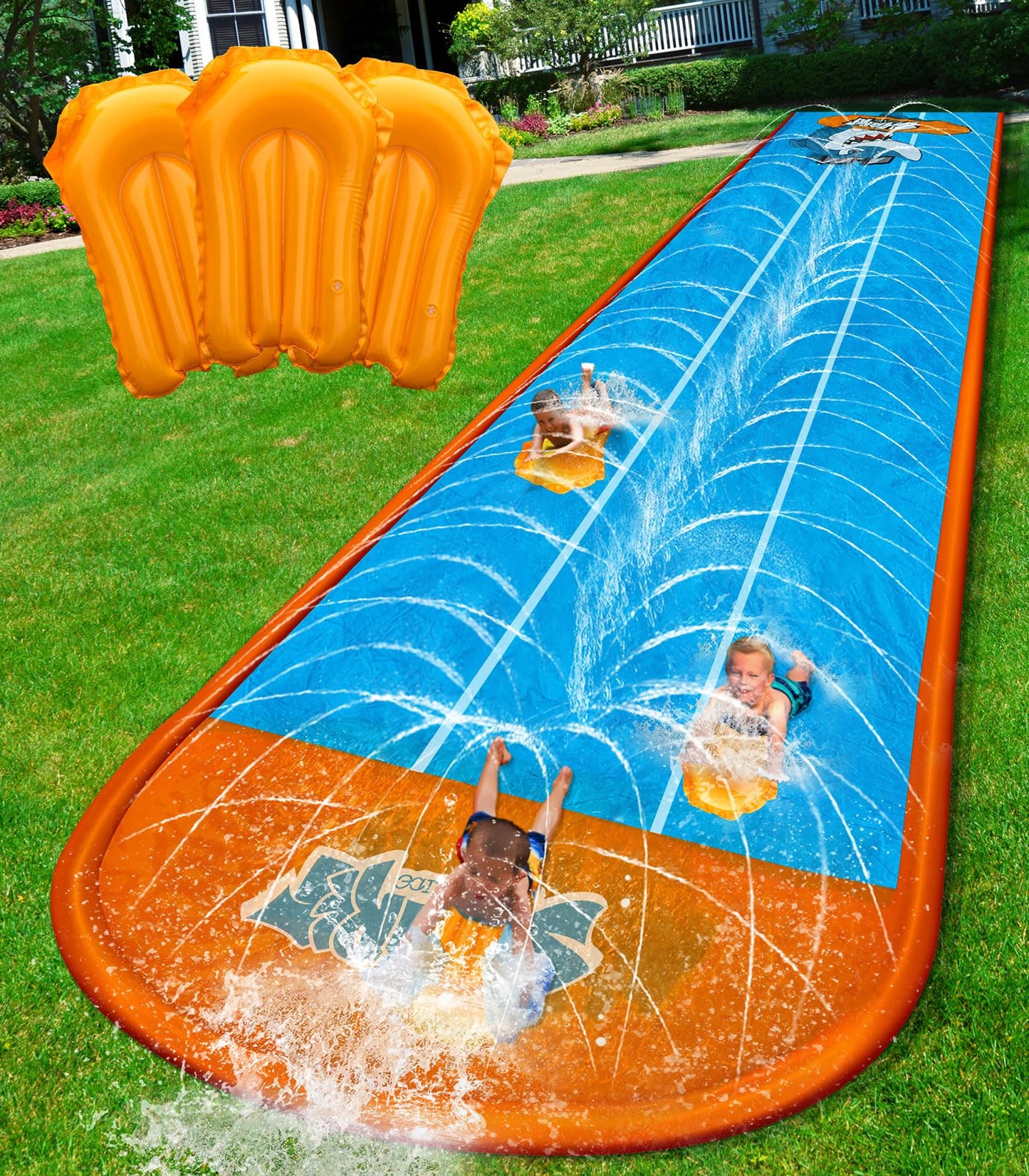 Spring Water Backyard Slip and Slide – 22ft 3-Lane Racing Splash with Sprinkler for Ages 4-12