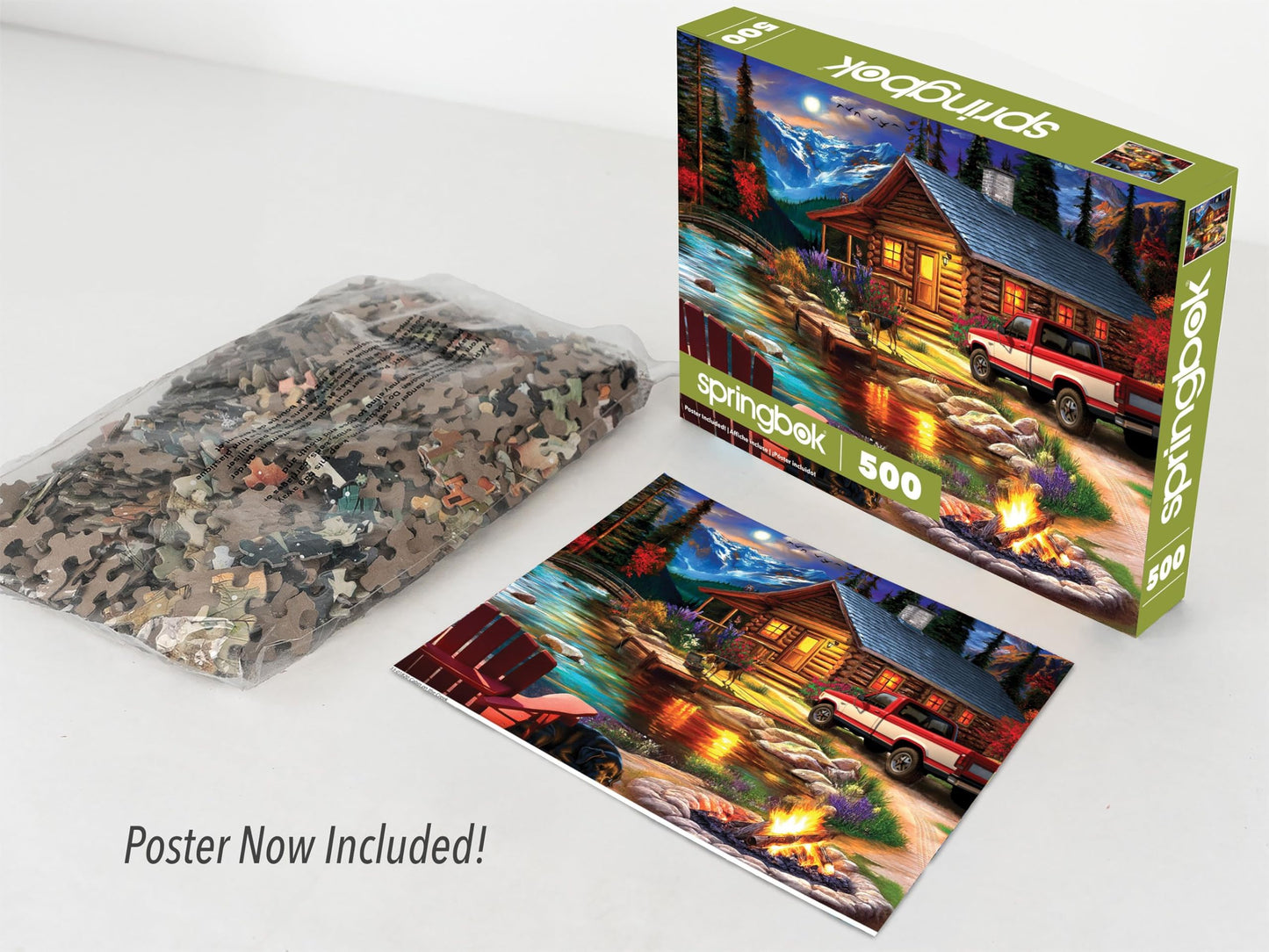 Springbok Cabin on the Creek 500-Piece Jigsaw Puzzle – Moonlit Outdoor Scene with Poster Included