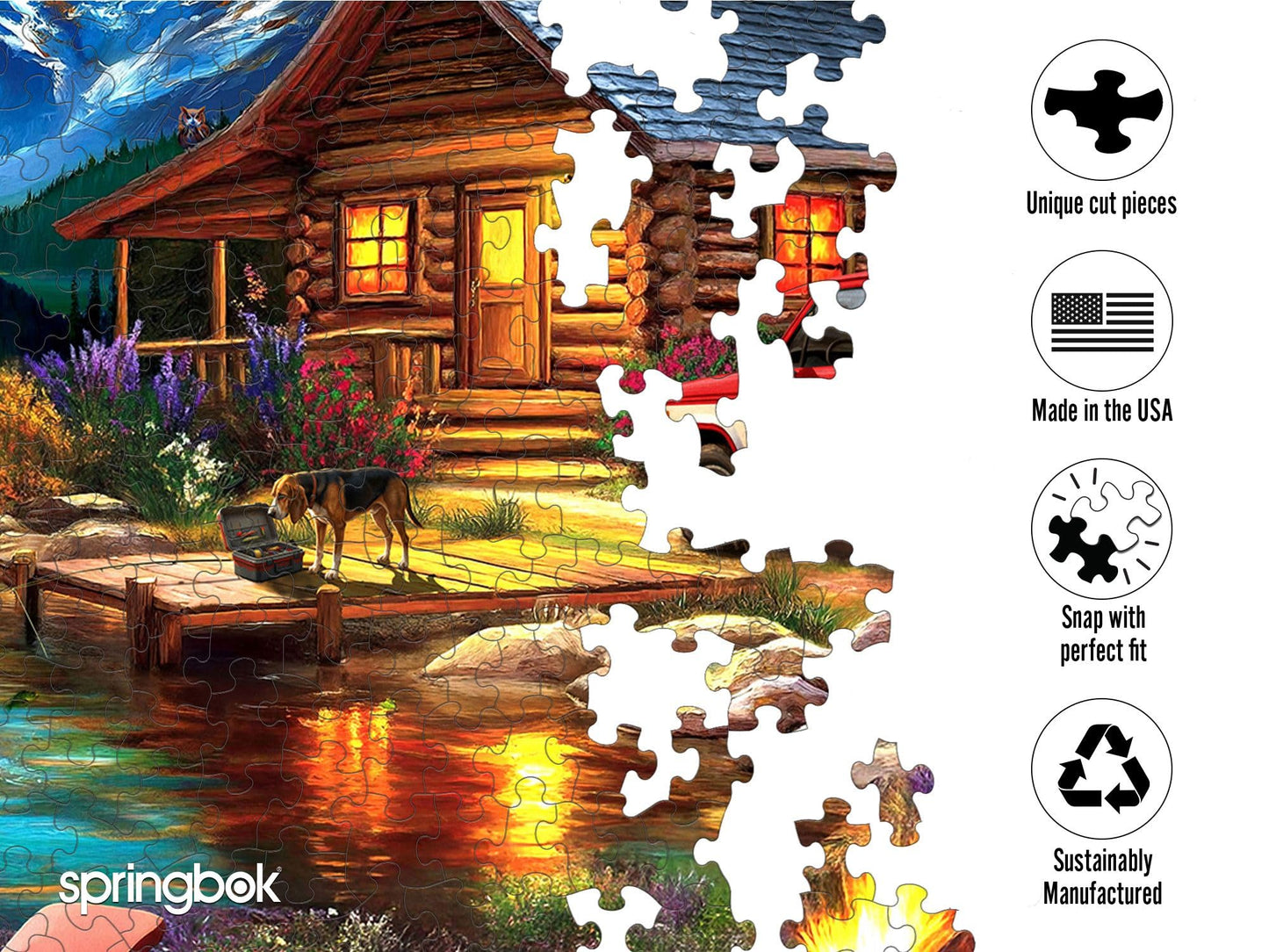 Springbok Cabin on the Creek 500-Piece Jigsaw Puzzle – Moonlit Outdoor Scene with Poster Included