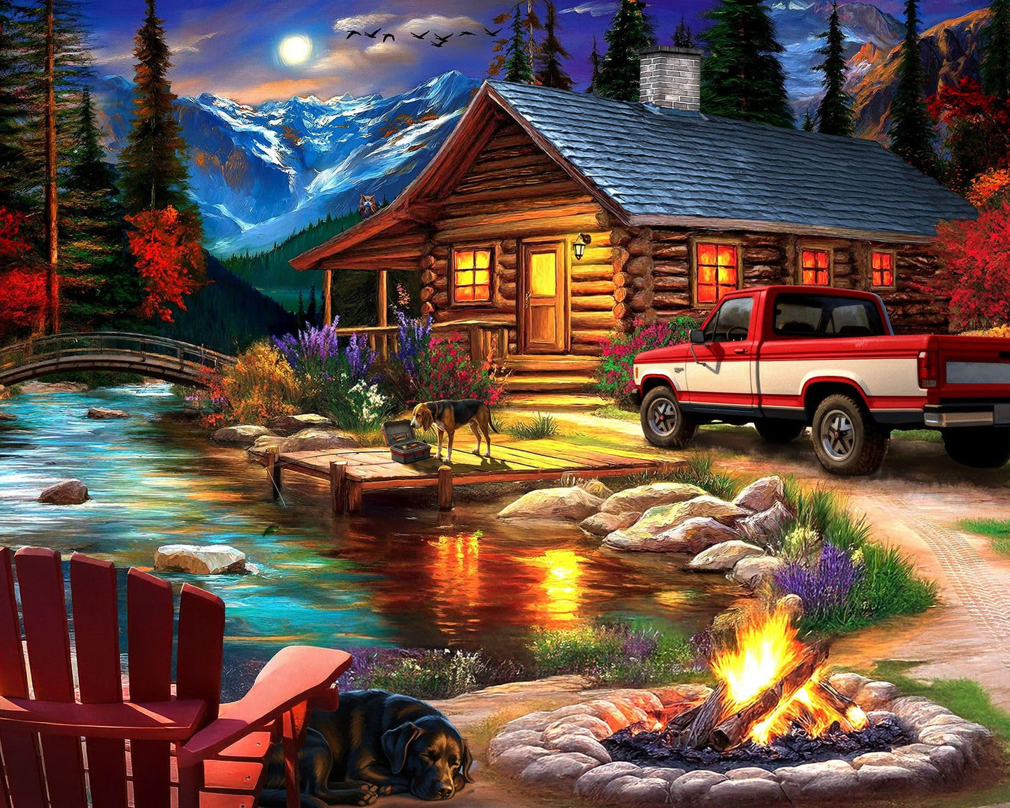 Springbok Cabin on the Creek 500-Piece Jigsaw Puzzle – Moonlit Outdoor Scene with Poster Included