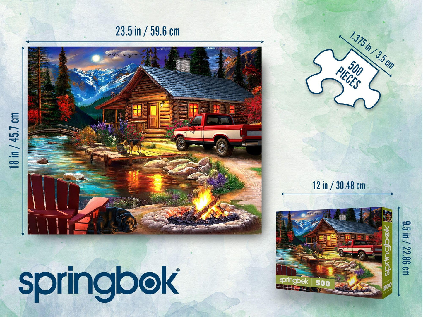 Springbok Cabin on the Creek 500-Piece Jigsaw Puzzle – Moonlit Outdoor Scene with Poster Included