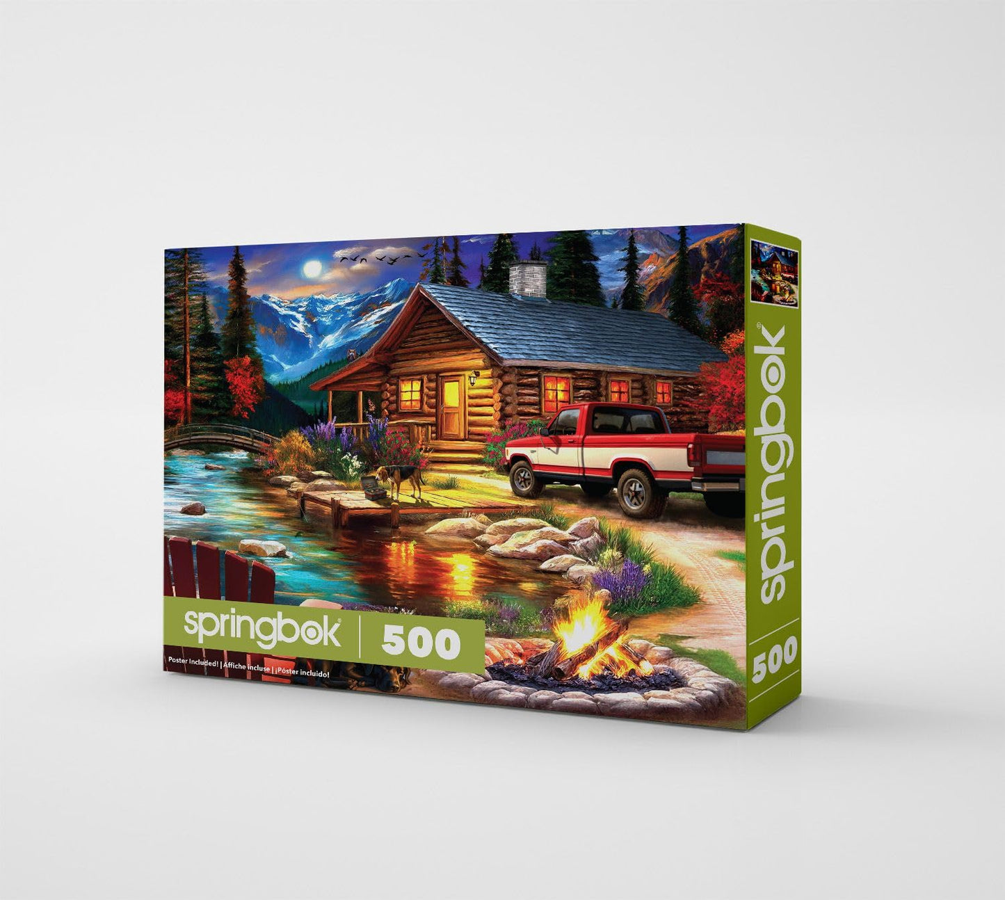Springbok Cabin on the Creek 500-Piece Jigsaw Puzzle – Moonlit Outdoor Scene with Poster Included