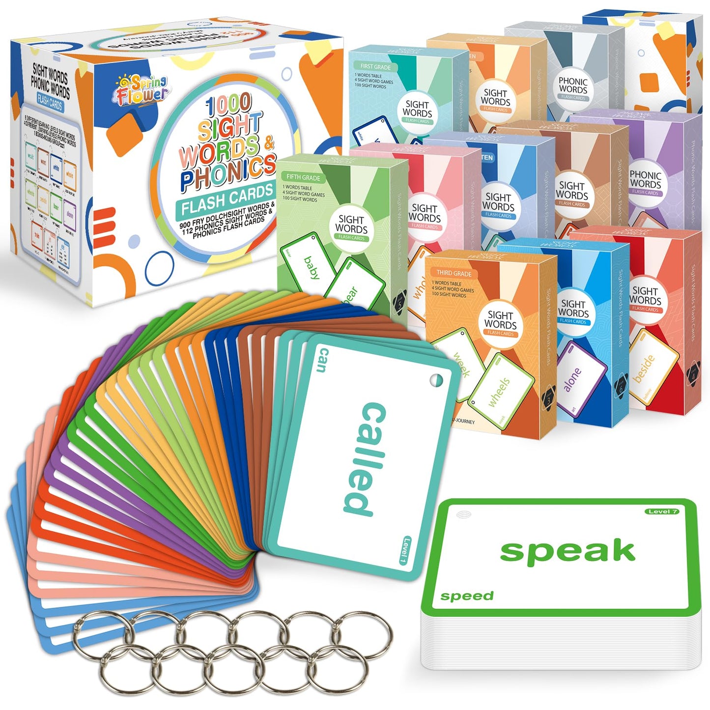 SpringFlower 1012 Sight Words Flash Cards — Dolch & Fry High-Frequency Words, 112 Phonics Cards (Pre-K–6th)