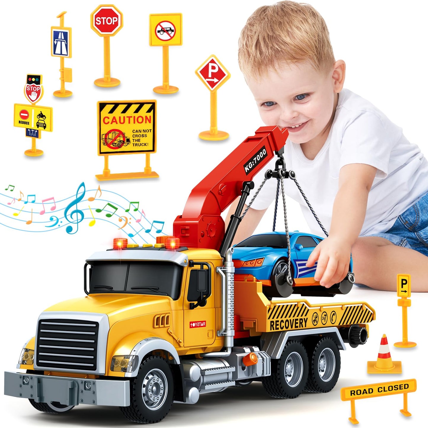 SpringFlower 15-inch Large Tow Truck Toy with Crane, Race Car, Lights & Sounds – Gift for Kids Aged 3-8