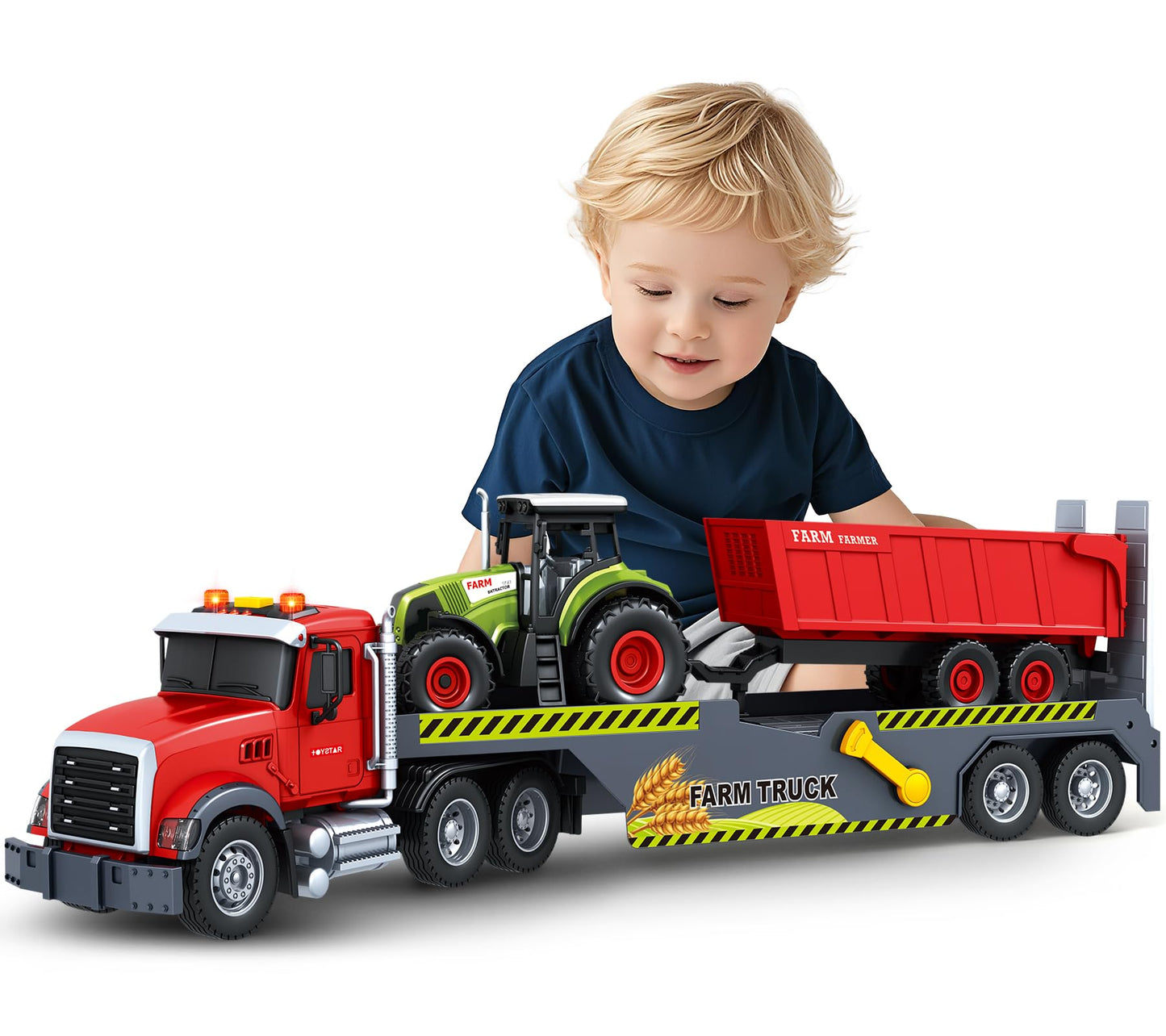 SpringFlower 21-Inch Extra Large Truck Toy with Tractor & Dump Truck | 3-in-1 Sounds & Lights