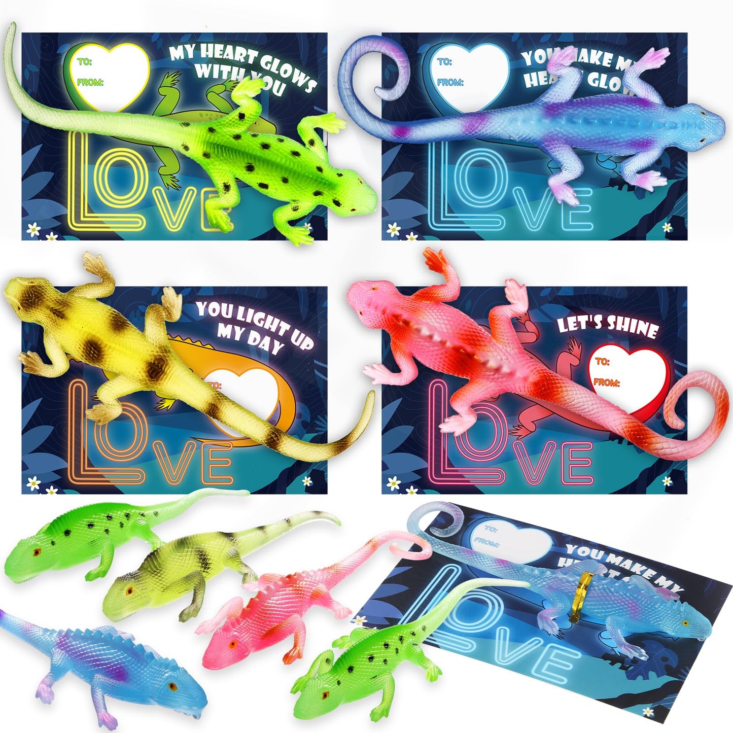 SpringFlower 24-Pack Valentines Gift Cards with Glow-in-the-Dark Lizards – Classroom Favors & Party Prizes