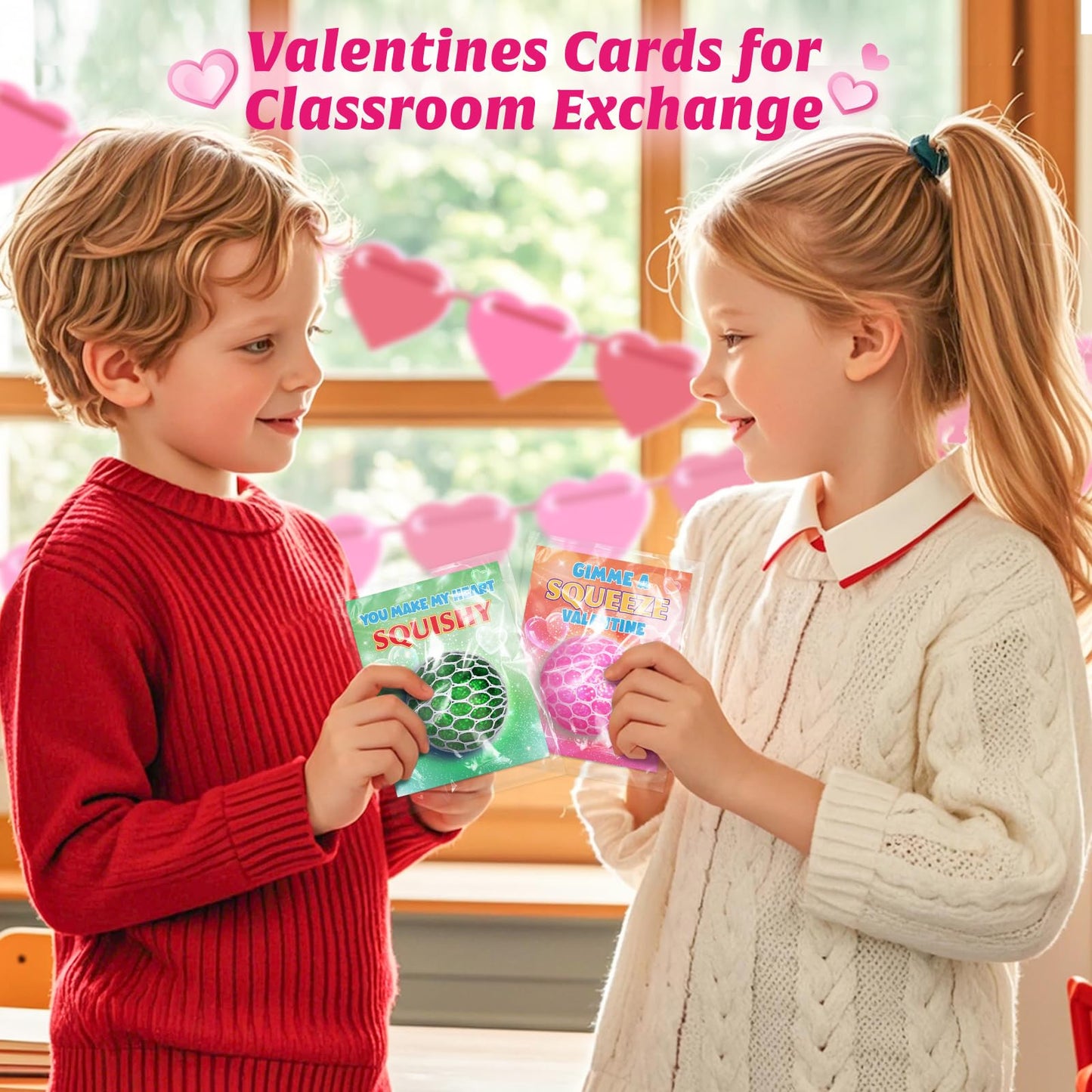 SpringFlower 24-Pack Valentines Day Cards with Squeeze Ball – Classroom Gift Set