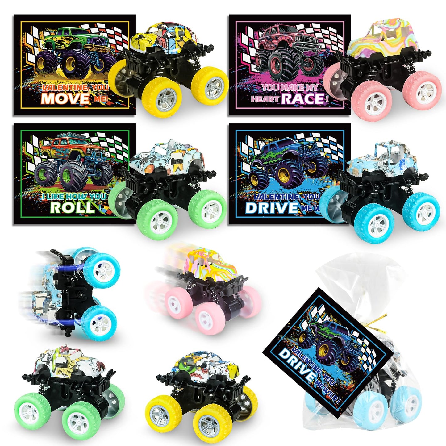 SpringFlower 24-Pack Valentines Cards with Monster Truck Toy – Classroom Gift Set for Kids