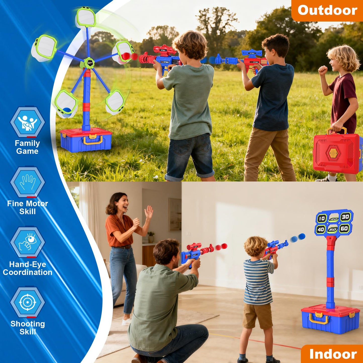 SpringFlower 2-in-1 Shooting Game Toys for Kids | Moving Targets & Foam Ball Guns