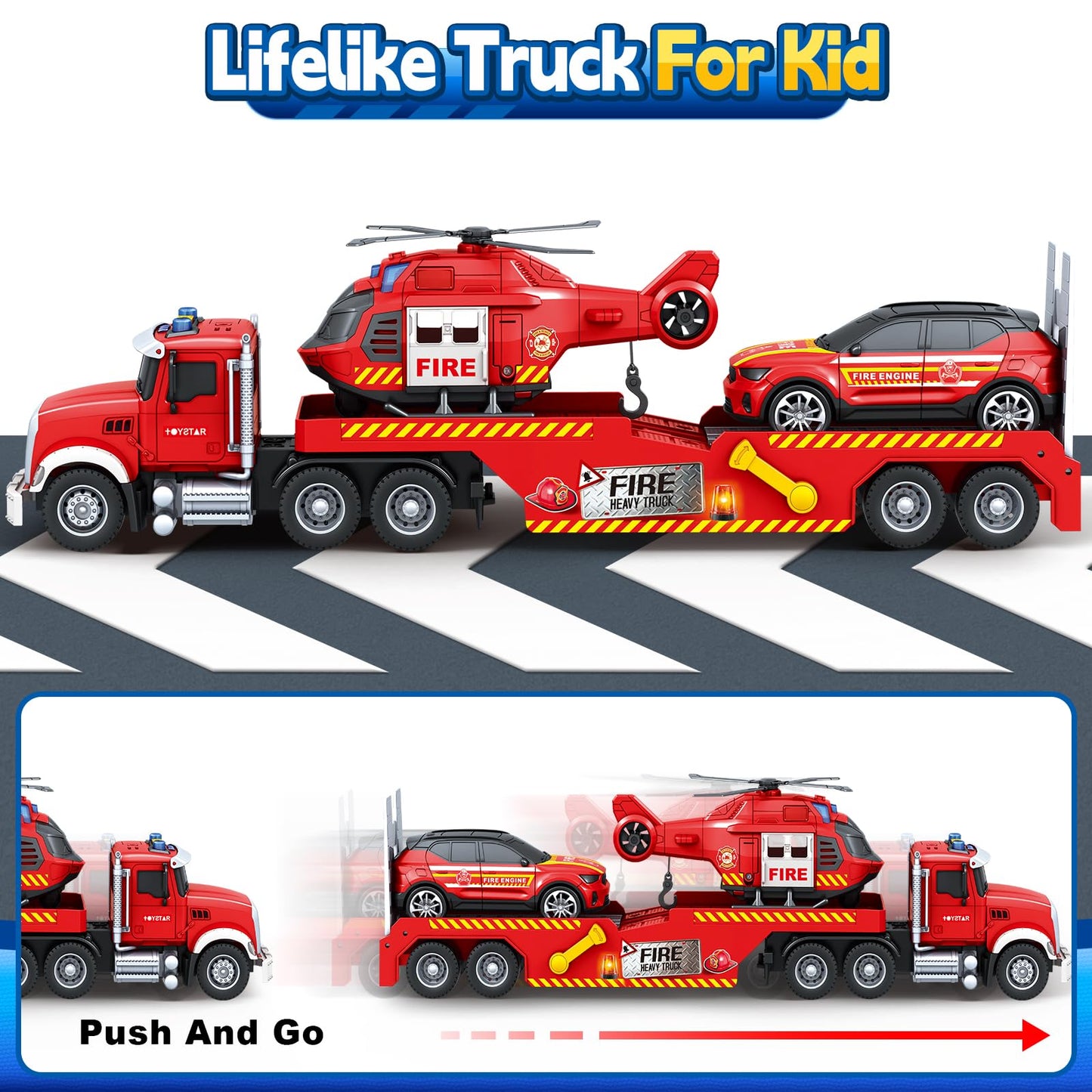 SpringFlower Extra Large Fire Truck Toy — 3-in-1 with Racing Car & Helicopter for Toddlers 3-7