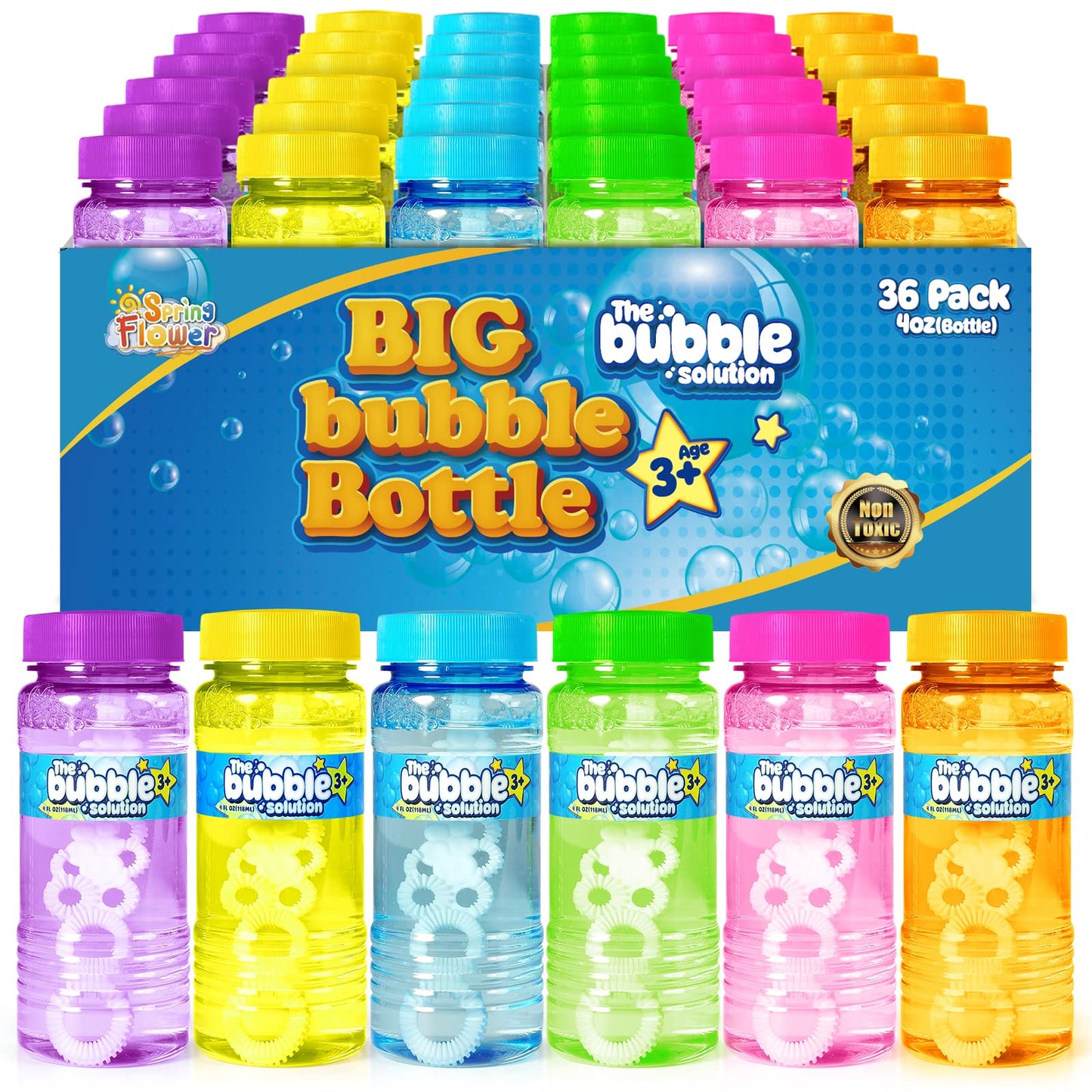 SpringFlower 36 Pcs Bubble Bottles with Wand – 6-Color Party Favors (4oz) for Kids
