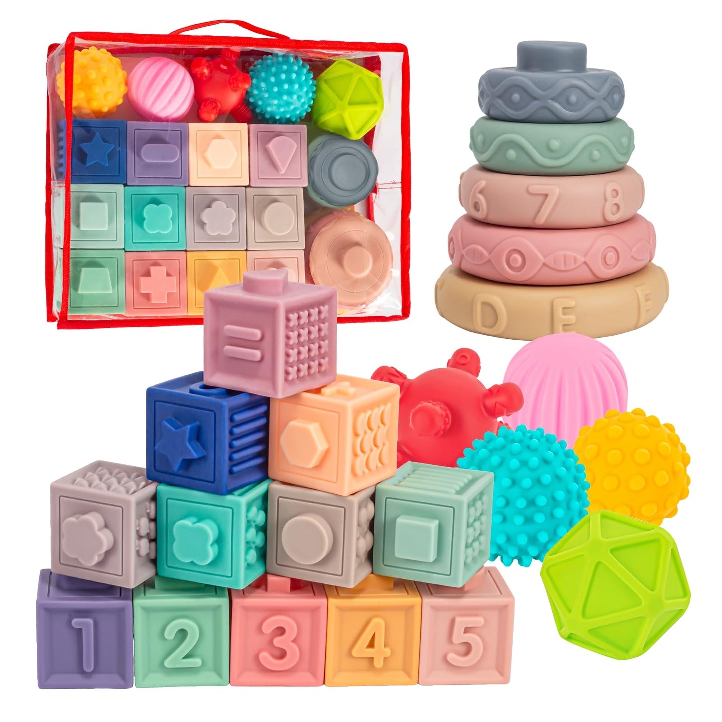 SpringFlower 3-in-1 Montessori Toys for Babies 0-3-6-12 Months | Teething, Stacking & Sensory Blocks