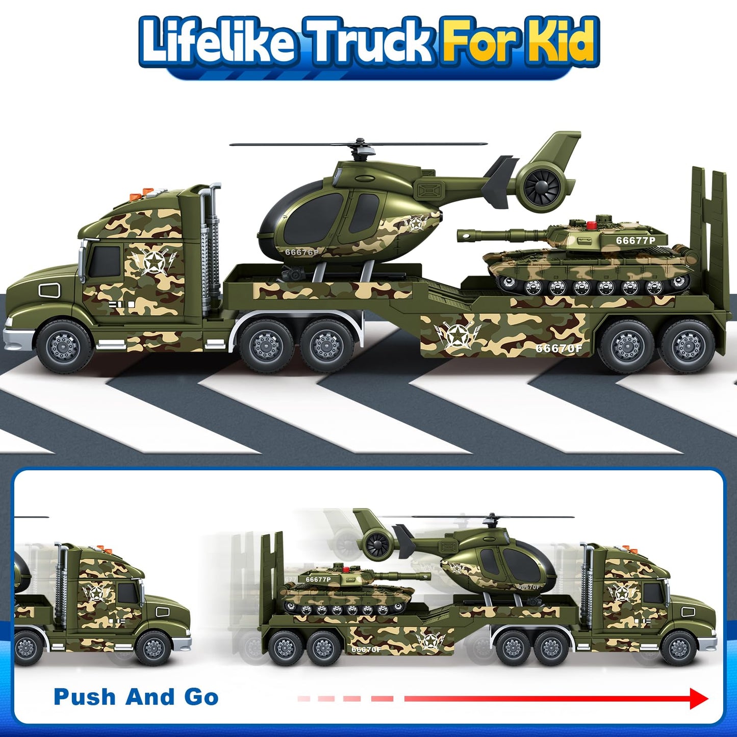 SpringFlower Army Truck Toys – 3-in-1 Extra Large Transport Truck with Helicopter & Tank Lights & Sounds