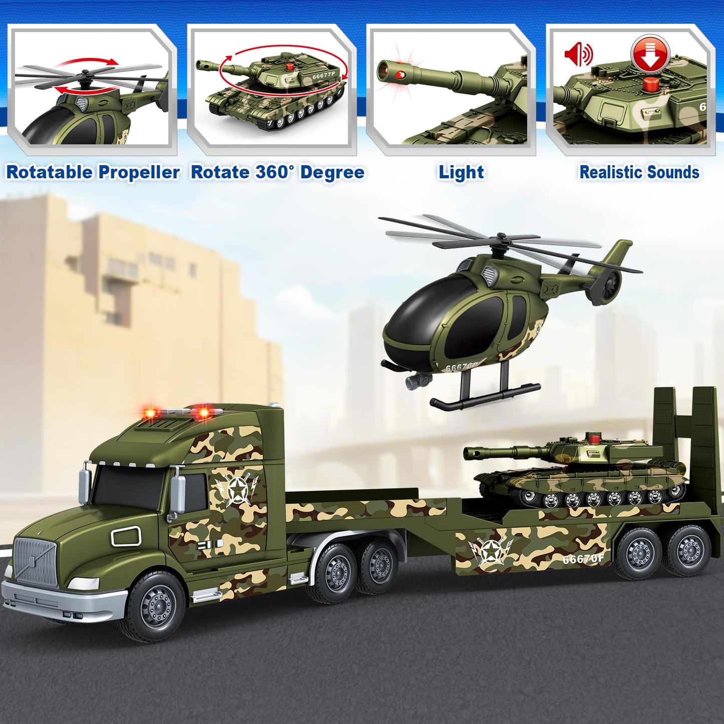 SpringFlower Army Truck Toys – 3-in-1 Extra Large Transport Truck with Helicopter & Tank Lights & Sounds