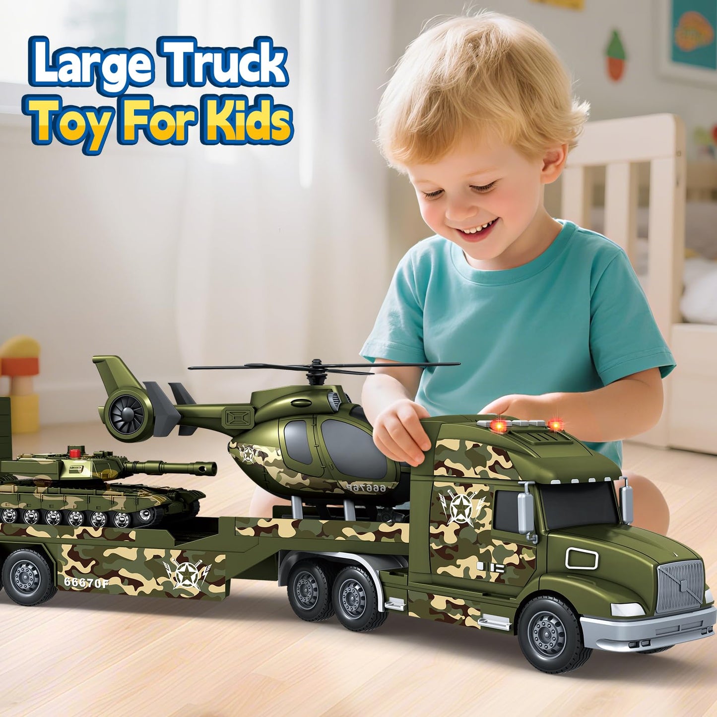 SpringFlower Army Truck Toys – 3-in-1 Extra Large Transport Truck with Helicopter & Tank Lights & Sounds