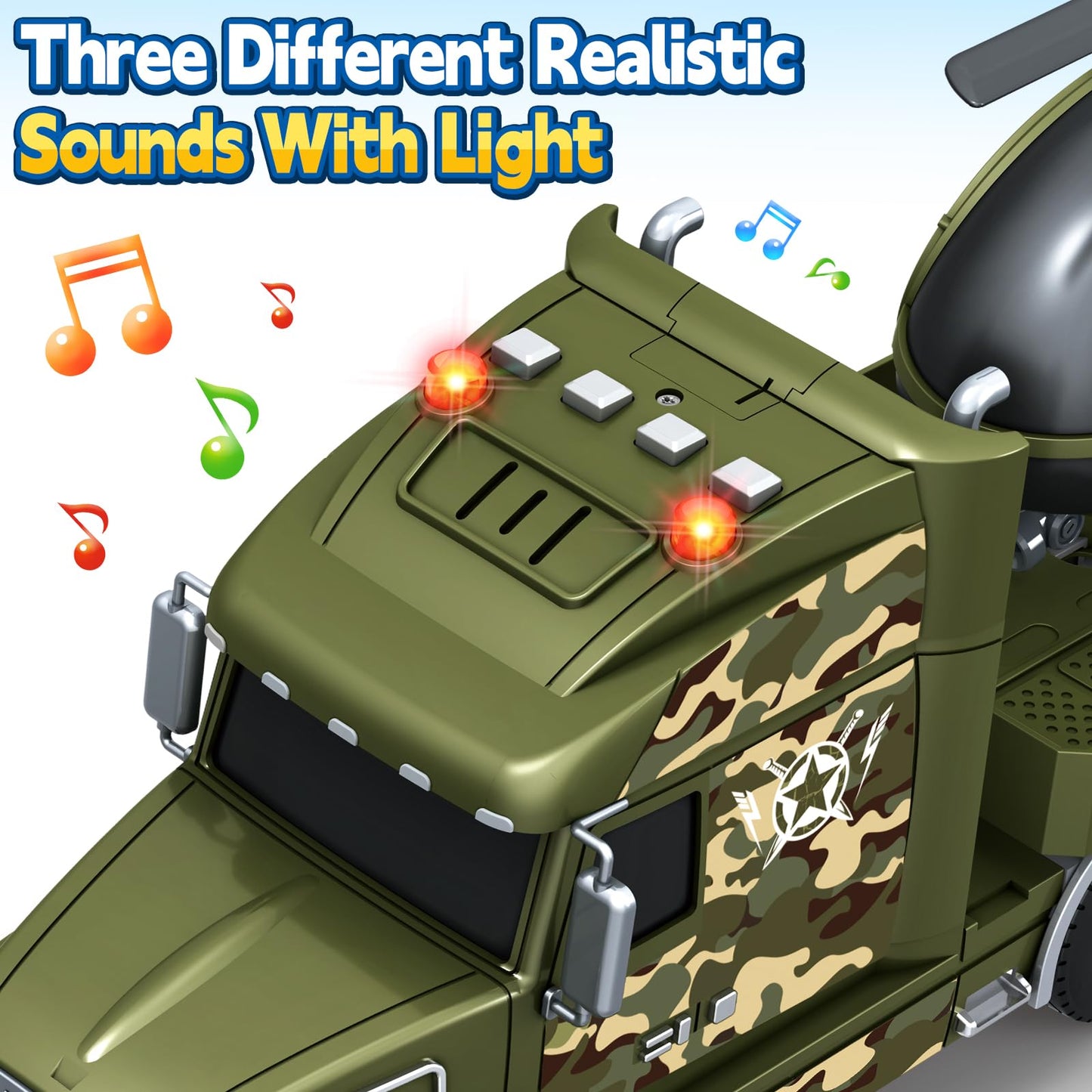 SpringFlower Army Truck Toys – 3-in-1 Extra Large Transport Truck with Helicopter & Tank Lights & Sounds
