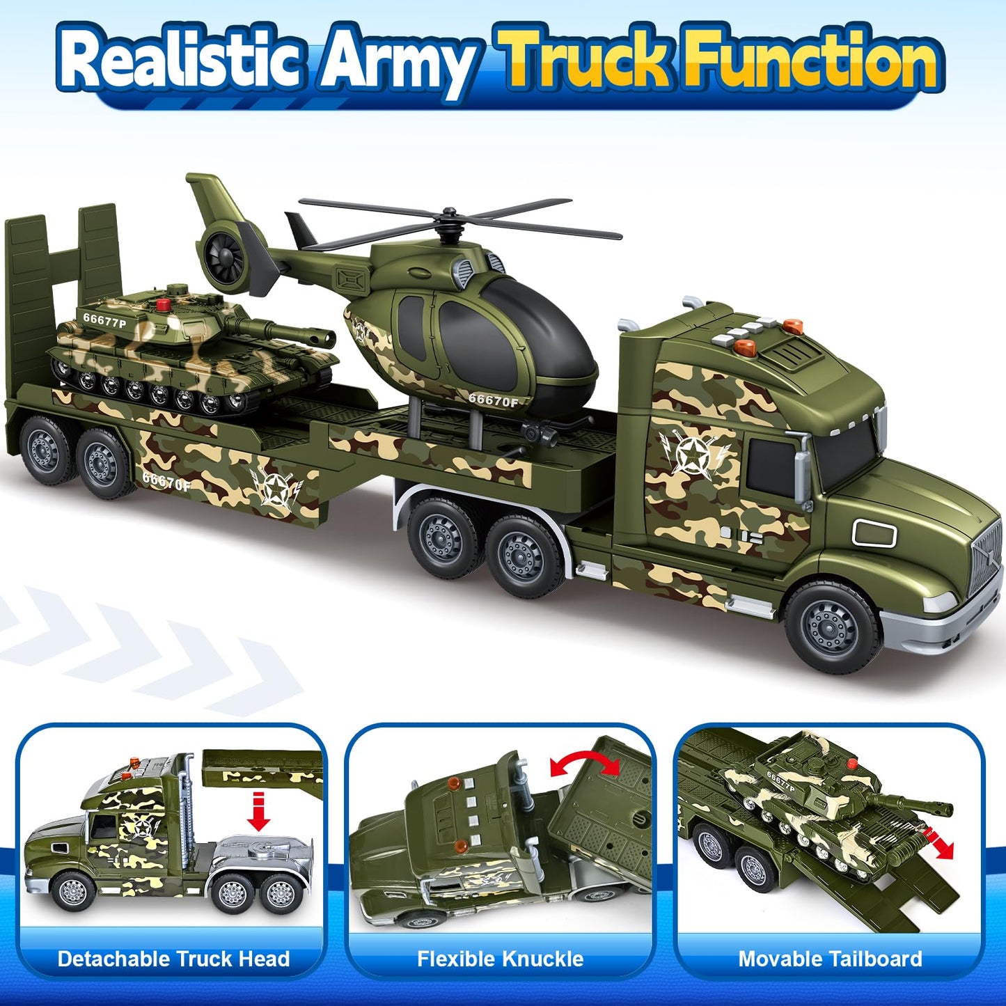 SpringFlower Army Truck Toys – 3-in-1 Extra Large Transport Truck with Helicopter & Tank Lights & Sounds
