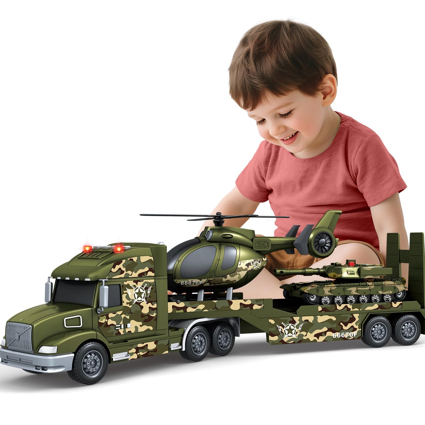 SpringFlower Army Truck Toys – 3-in-1 Extra Large Transport Truck with Helicopter & Tank Lights & Sounds