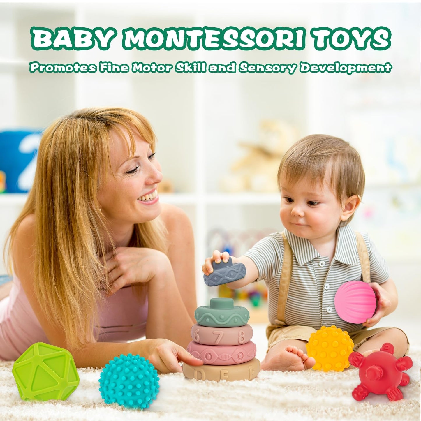 SpringFlower 3-in-1 Montessori Toys for Babies 0-3-6-12 Months | Teething, Stacking & Sensory Blocks
