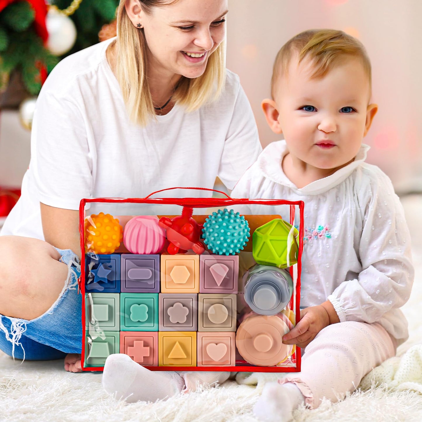 SpringFlower 3-in-1 Montessori Toys for Babies 0-3-6-12 Months | Teething, Stacking & Sensory Blocks