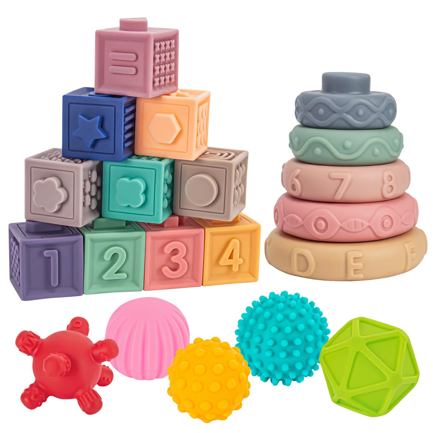 SpringFlower 3-in-1 Montessori Toys for Babies 0-3-6-12 Months | Teething, Stacking & Sensory Blocks