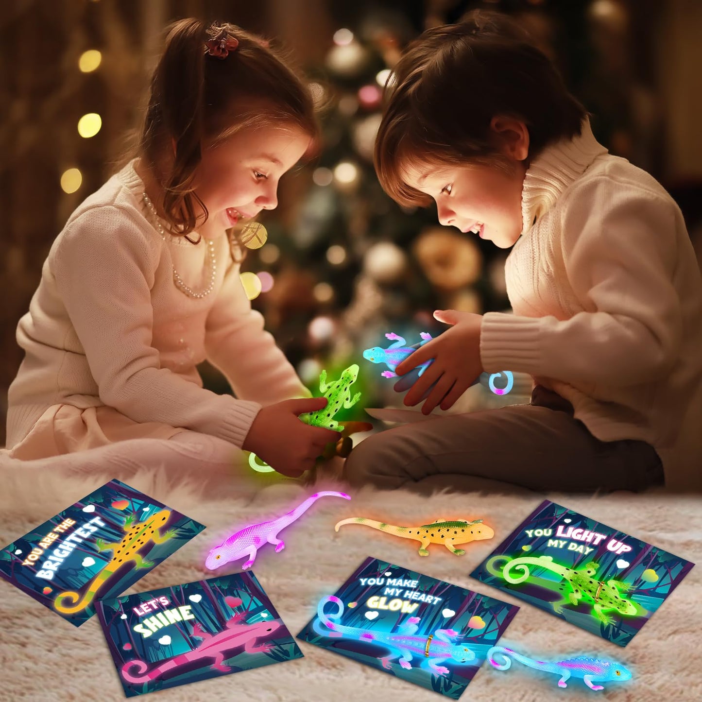 SpringFlower Valentines Day Cards for Kids — 24 Glow-in-the-Dark Lizard Set