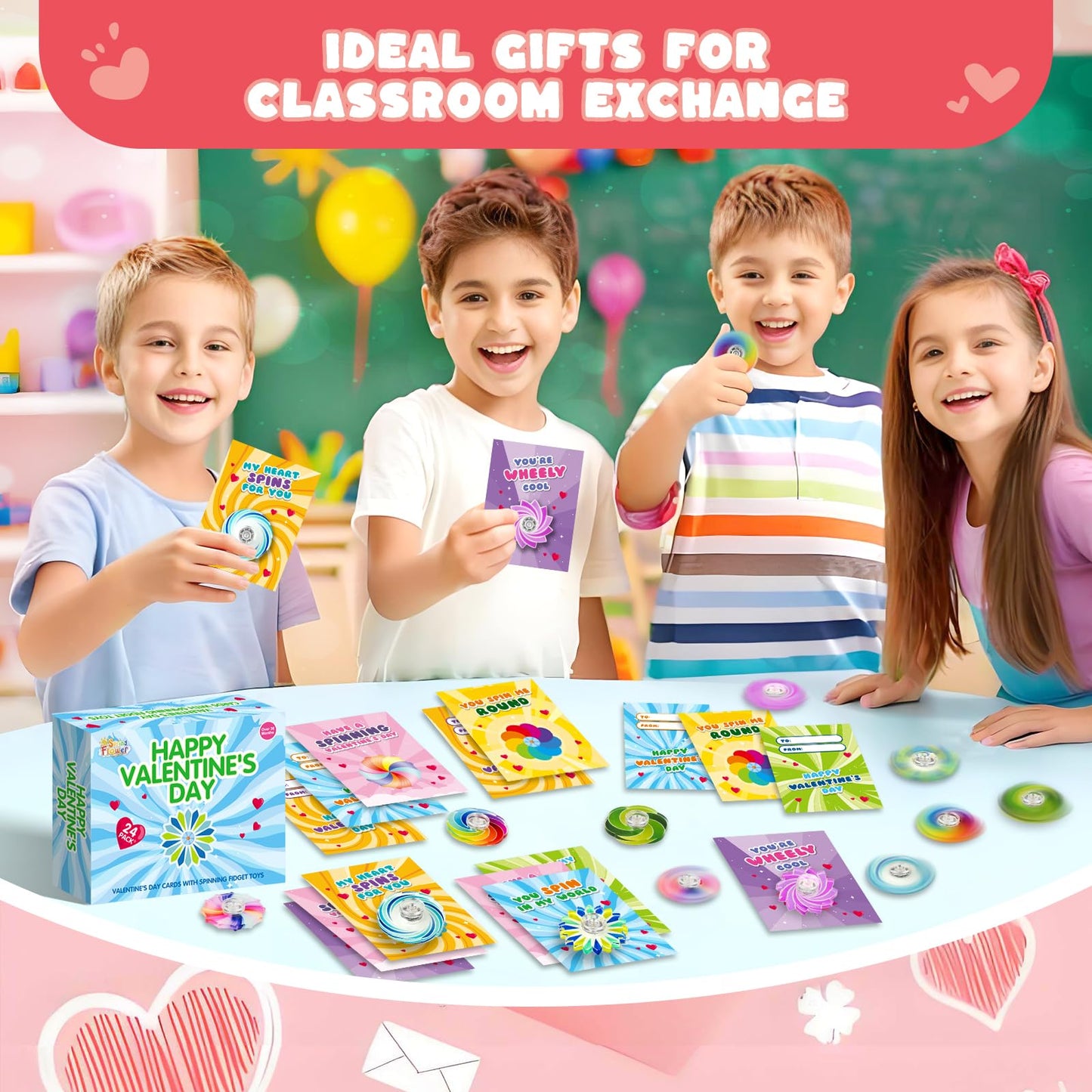 SpringFlower Valentines Day Cards for Kids with Fidget Spinner Toys – 24 Pack Classroom Gifts & Party Favors