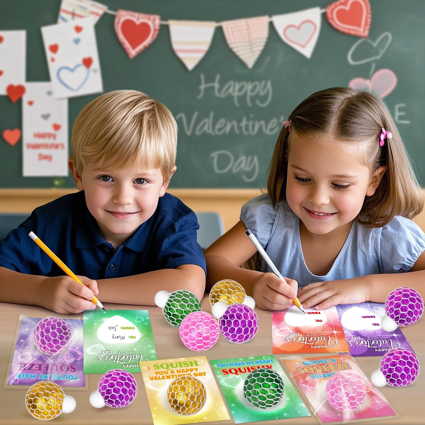 SpringFlower 24-Pack Valentines Day Cards with Squeeze Ball – Classroom Gift Set