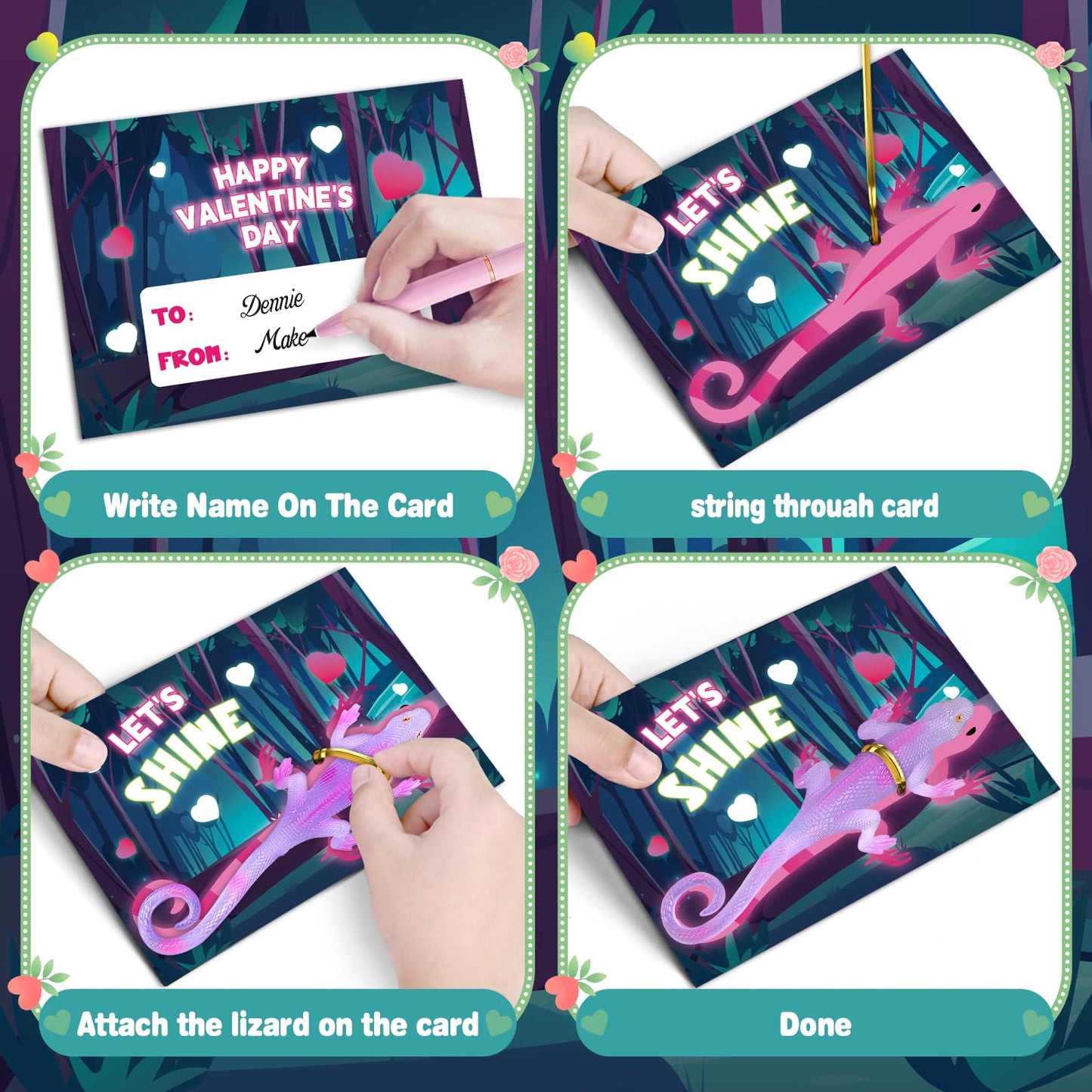 SpringFlower Valentines Day Cards for Kids — 24 Glow-in-the-Dark Lizard Set