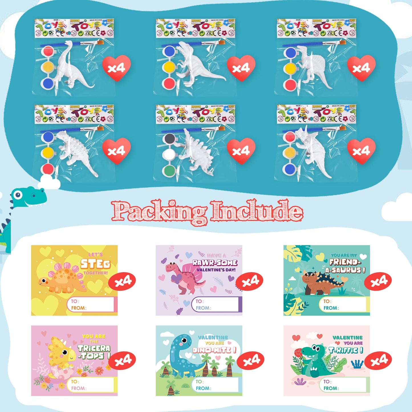 SpringFlower 24-Pack Valentine's Day Cards with Dinosaur Painting Kit for Kids – Classroom Gift Exchange