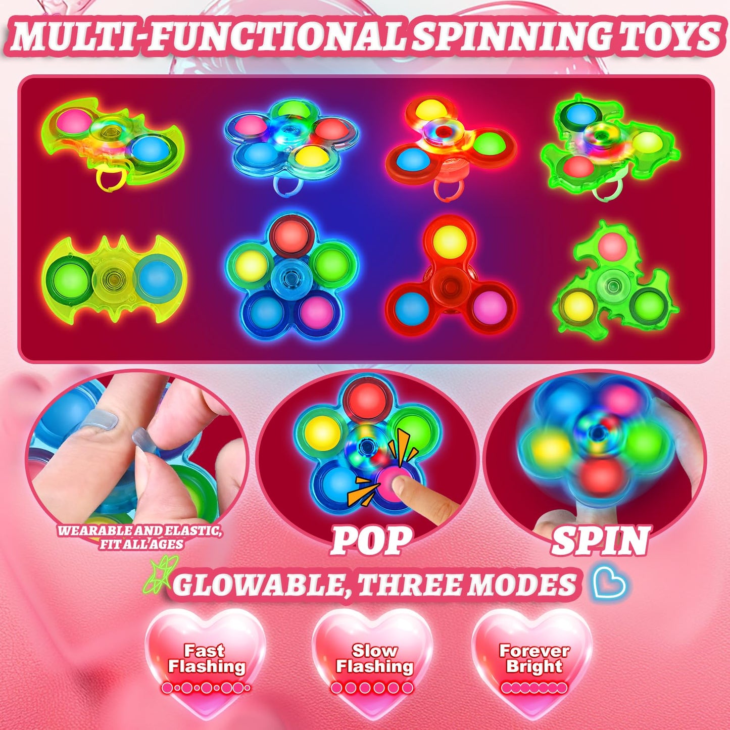 SpringFlower Valentines Day Gifts for Kids – 24 Pack Cards with Light Up Rings & Fidget Spinner Toys