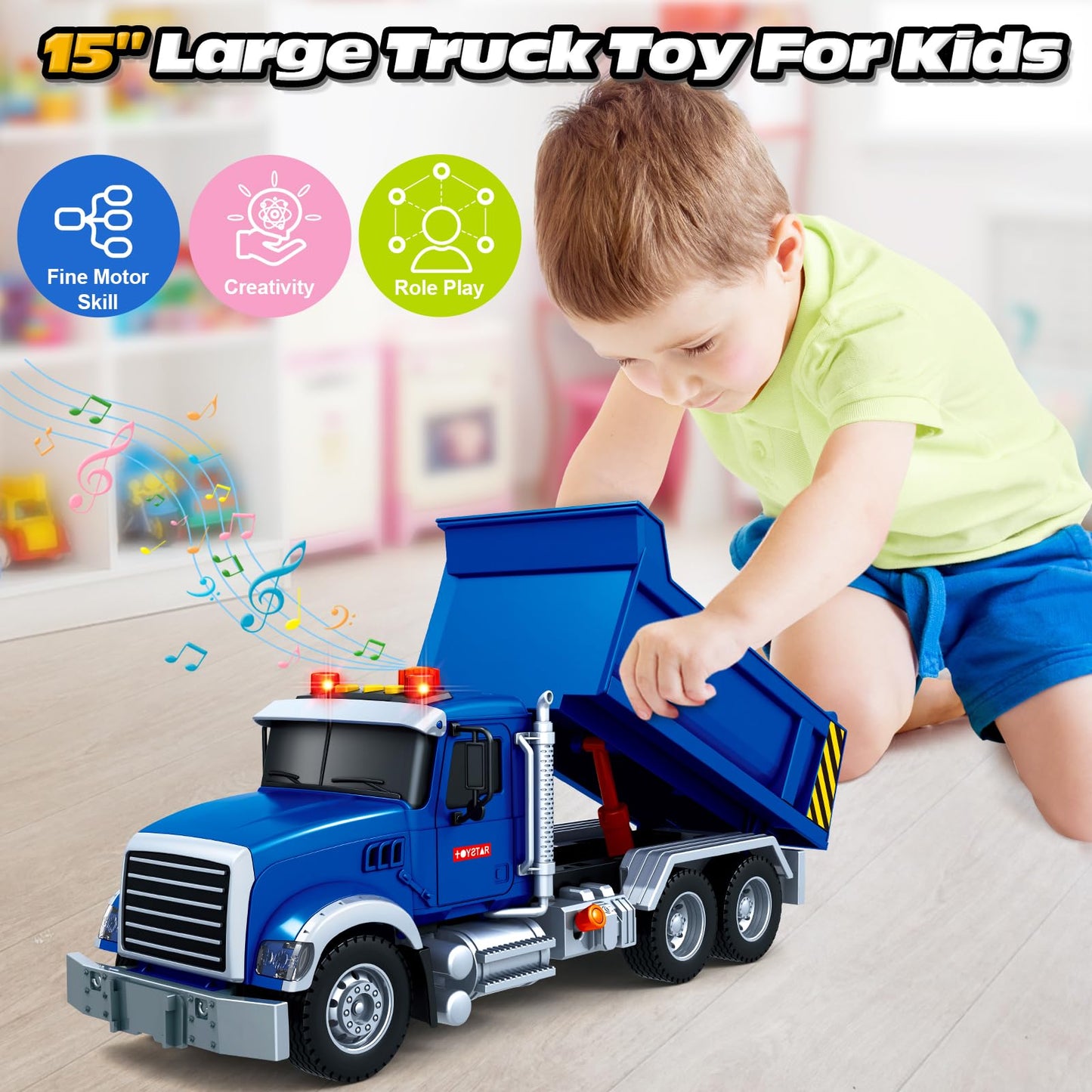 SpringFlower Large Dump Truck Toy – 15-Inch with Sound & Light for 3–8 Years Olds | Indoor & Outdoor Play Gift