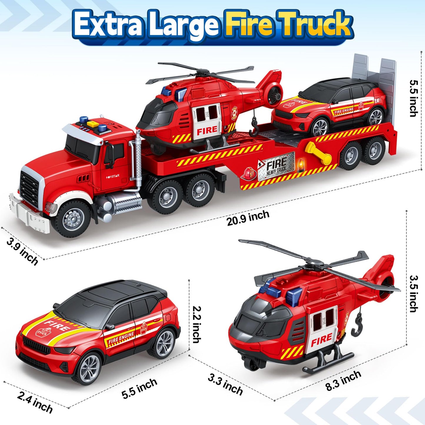 SpringFlower Extra Large Fire Truck Toy — 3-in-1 with Racing Car & Helicopter for Toddlers 3-7