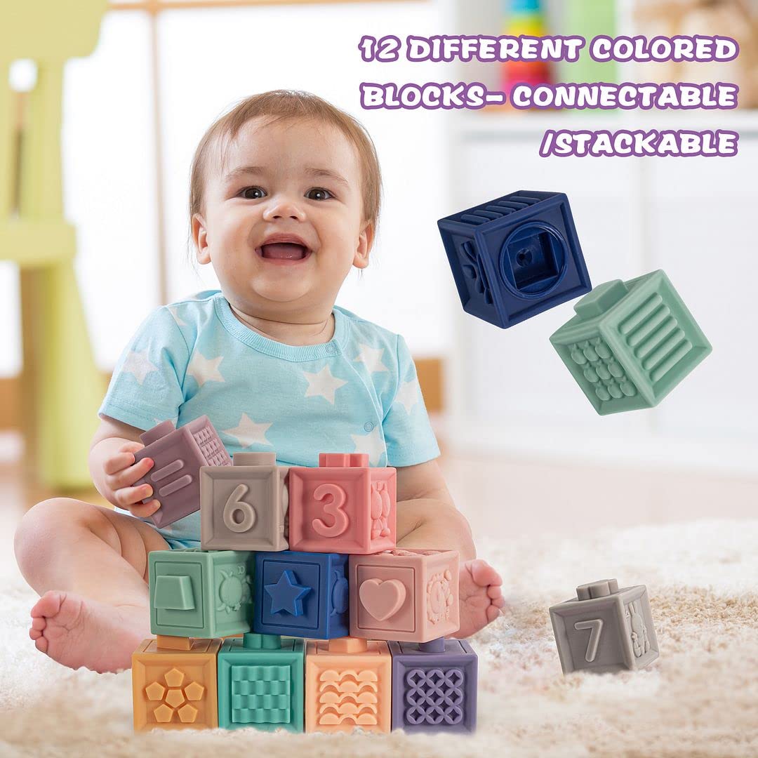 SpringFlower 3-in-1 Montessori Toys for Babies 0-3-6-12 Months | Teething, Stacking & Sensory Blocks