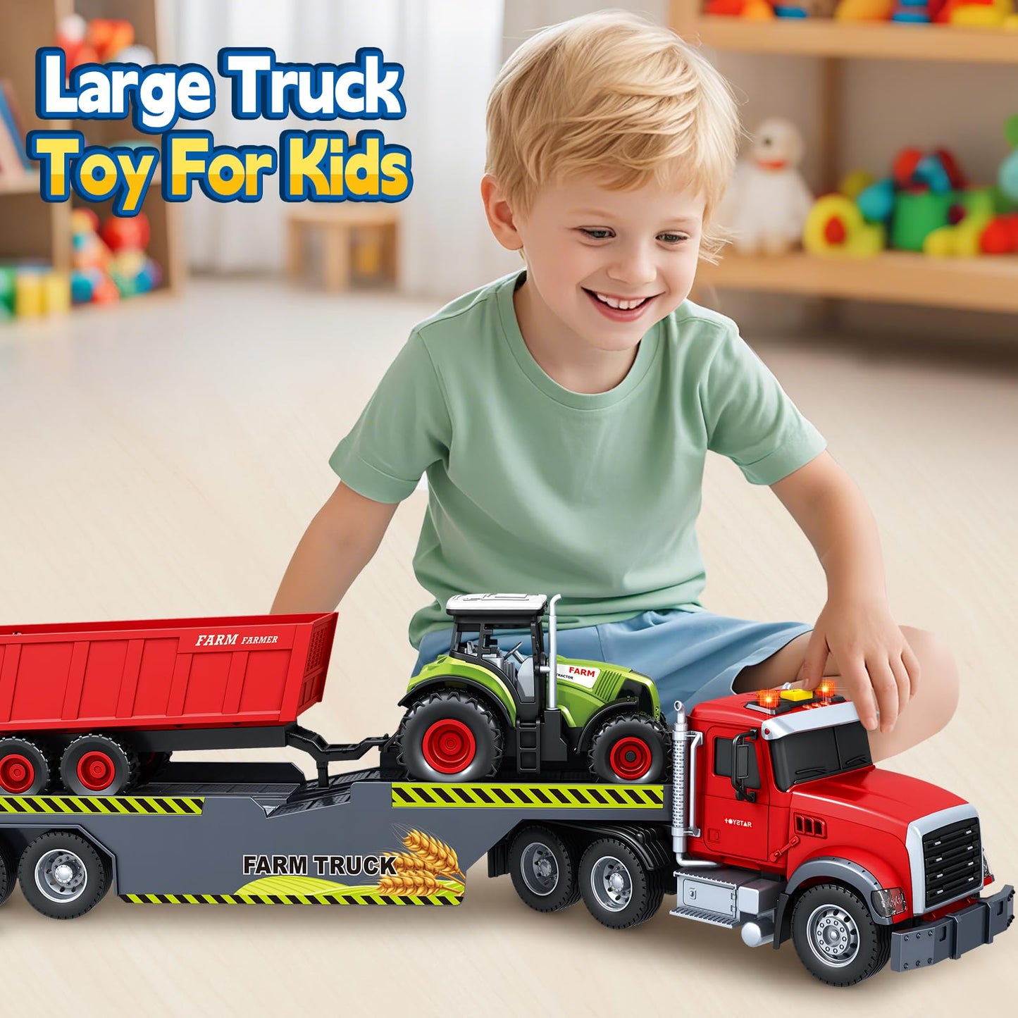 SpringFlower 21-Inch Extra Large Truck Toy with Tractor & Dump Truck | 3-in-1 Sounds & Lights